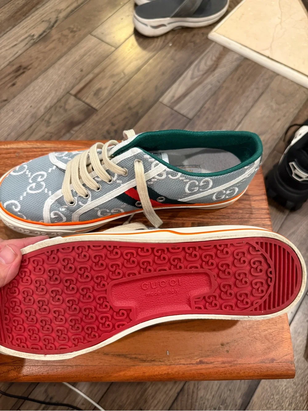 Gucci Mans tennis 1977 Gray GG Canvas Sneakers with Green Lining and Orange Trim